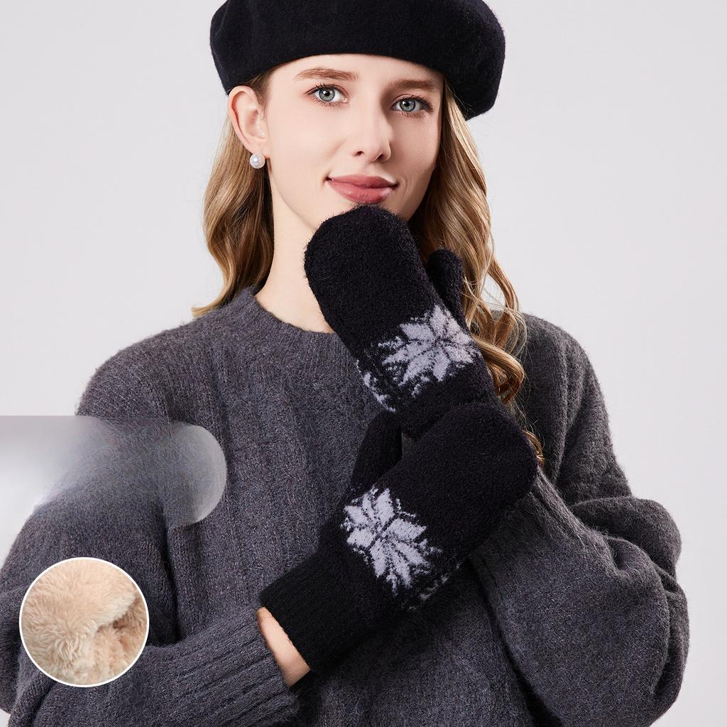 Warmth and Thick Embroidered Gloves for Women Outdoor Riding Autumn and Winter Knitted Gloves Plus Velvet Cold Proof Double Layer Finger Clad Gloves