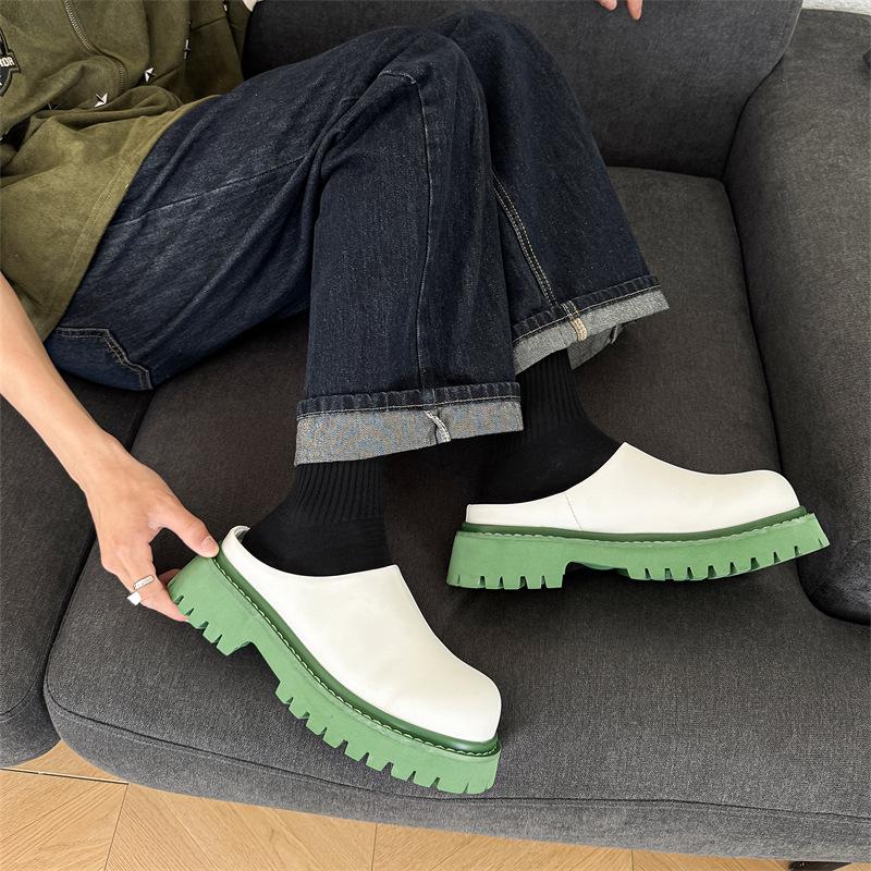 2025 new round head trend Derby shoes versatile platform men's fashion trend half drag leather shoes casual 3205-J