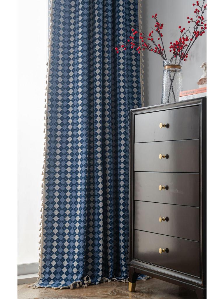 Yimanqiyun Blue French Grid Jacquard Semi-Blackout Bay Window Curtains