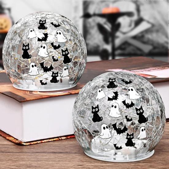 Crackle LED Glass Ball Lamp Halloween Ghost Bat Cat Cracked Ball Light with Warm Light for Halloween Walkway Path Garden Tabletop Decor