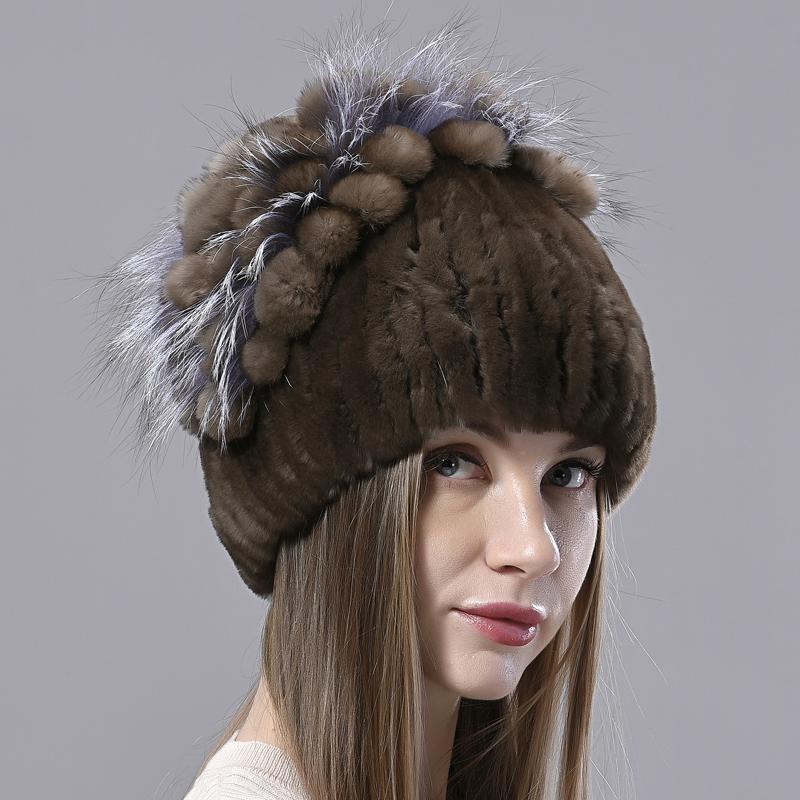 New Luxury Women Fur Hat For Winter Handmade Natural Rex Rabbit Fox Fur Cap Fluffy Female Fur Headgear Brand Warm Beanies Cap