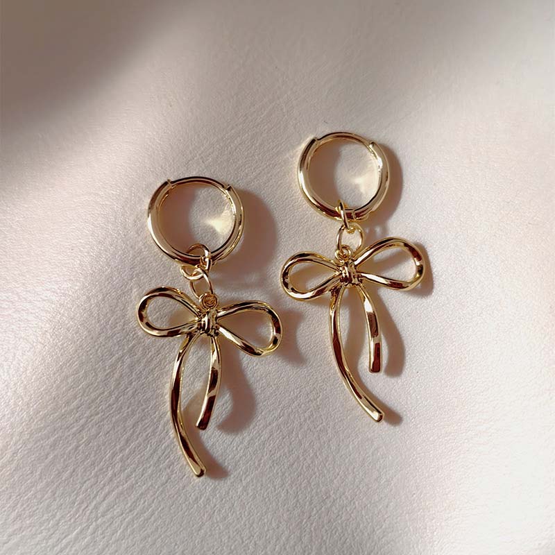 Fashion Zinc Alloy Color Bowknot Hoop Earrings For Women Egirl Simple Metal Long Bow Pendant Earrings Aesthetic Y2K Zircon