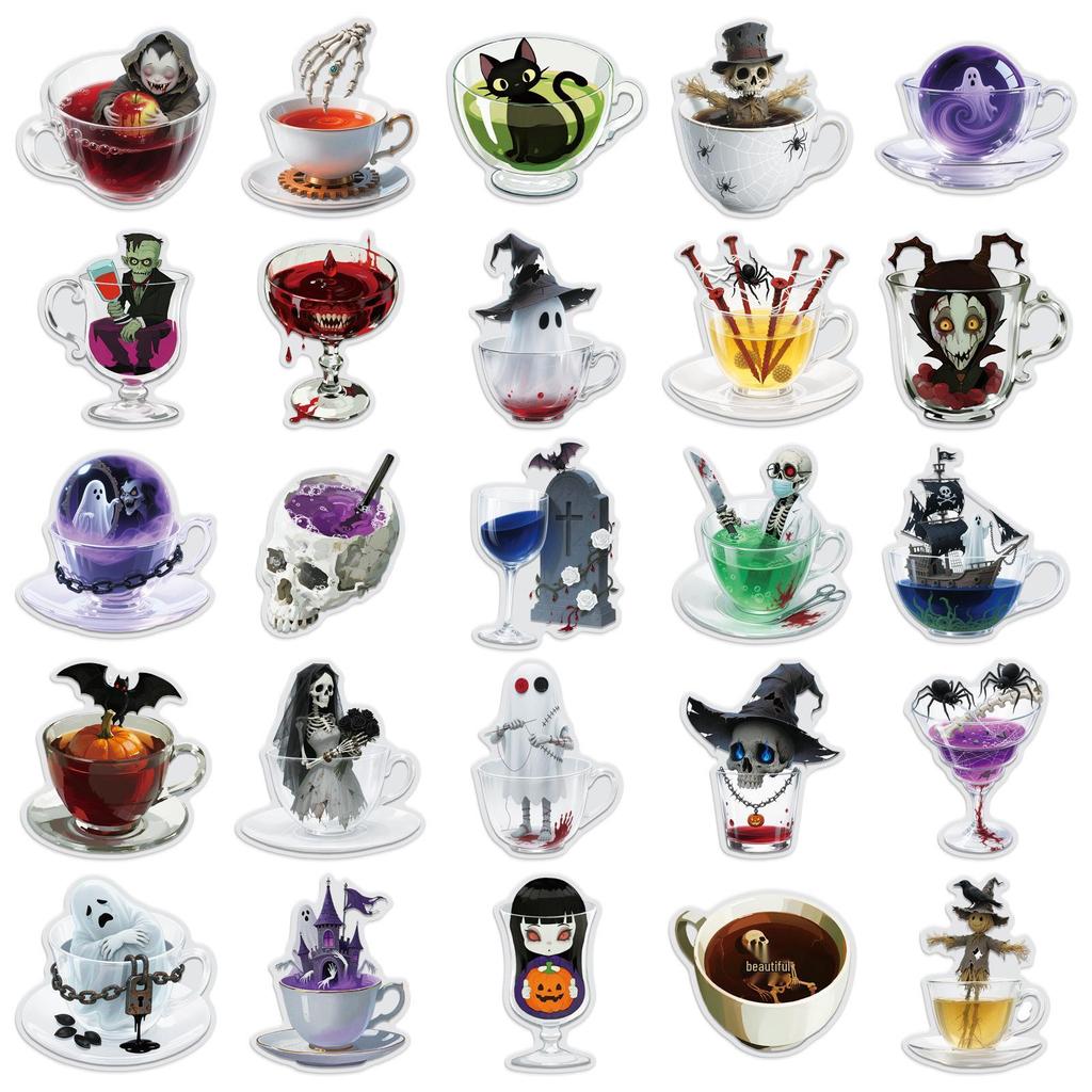 50 Transparent Horror Teacup Stickers: Waterproof PET Ghost & Skeleton for Halloween Journals