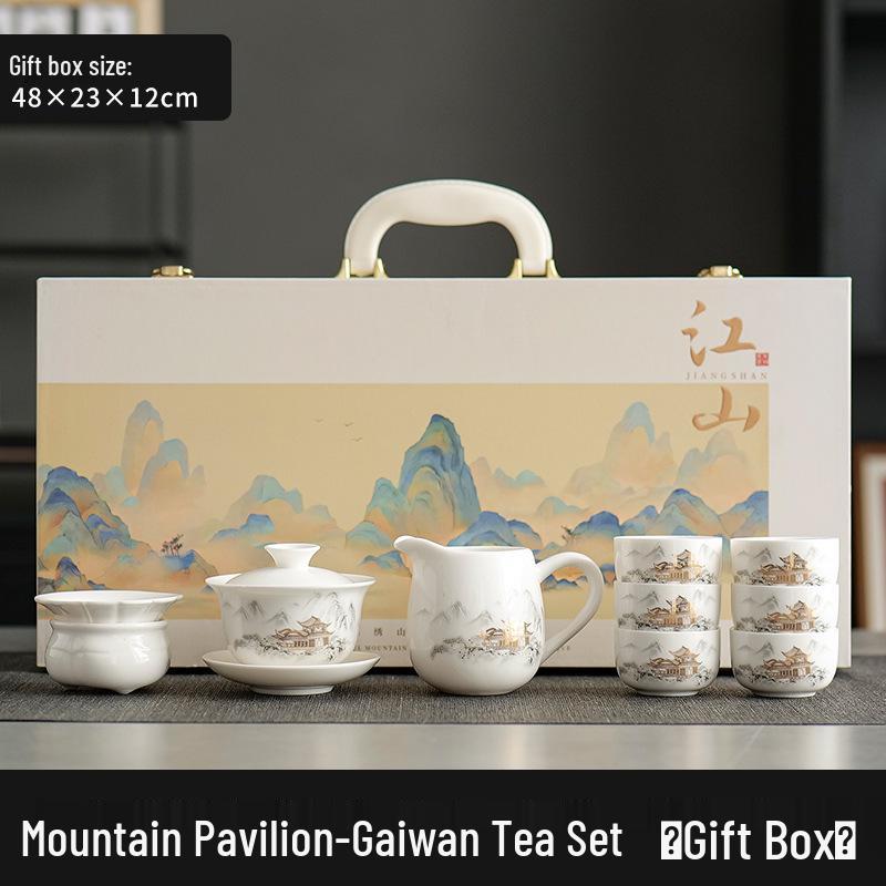 Mutton Fat Jade Kung Fu Tea Set with White Porcelain Teacups - 2025 Gift Box for Elders Souvenir