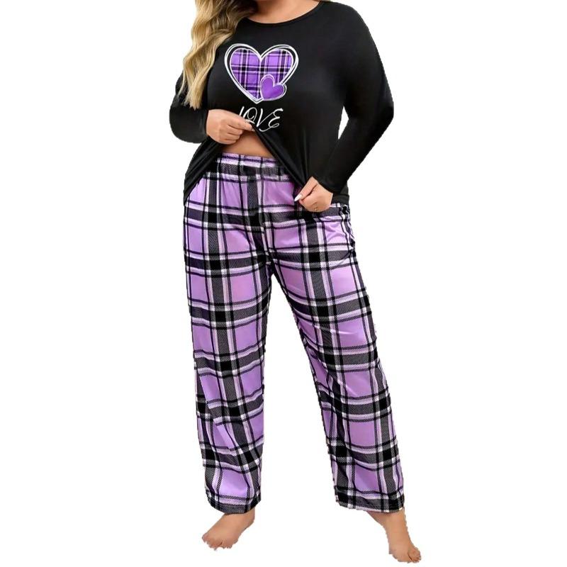 Plus-Size Curvy Women's Long-Sleeve Long-Pants Loose-Fit Casual Heart-Print T-Shirt Set