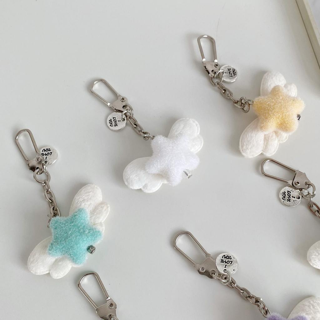 Fuzzy Flocking Star Keychain with Angel Wing Pendant Soft Stylish Fashionable Accessory For Phone Keys Bag Gift