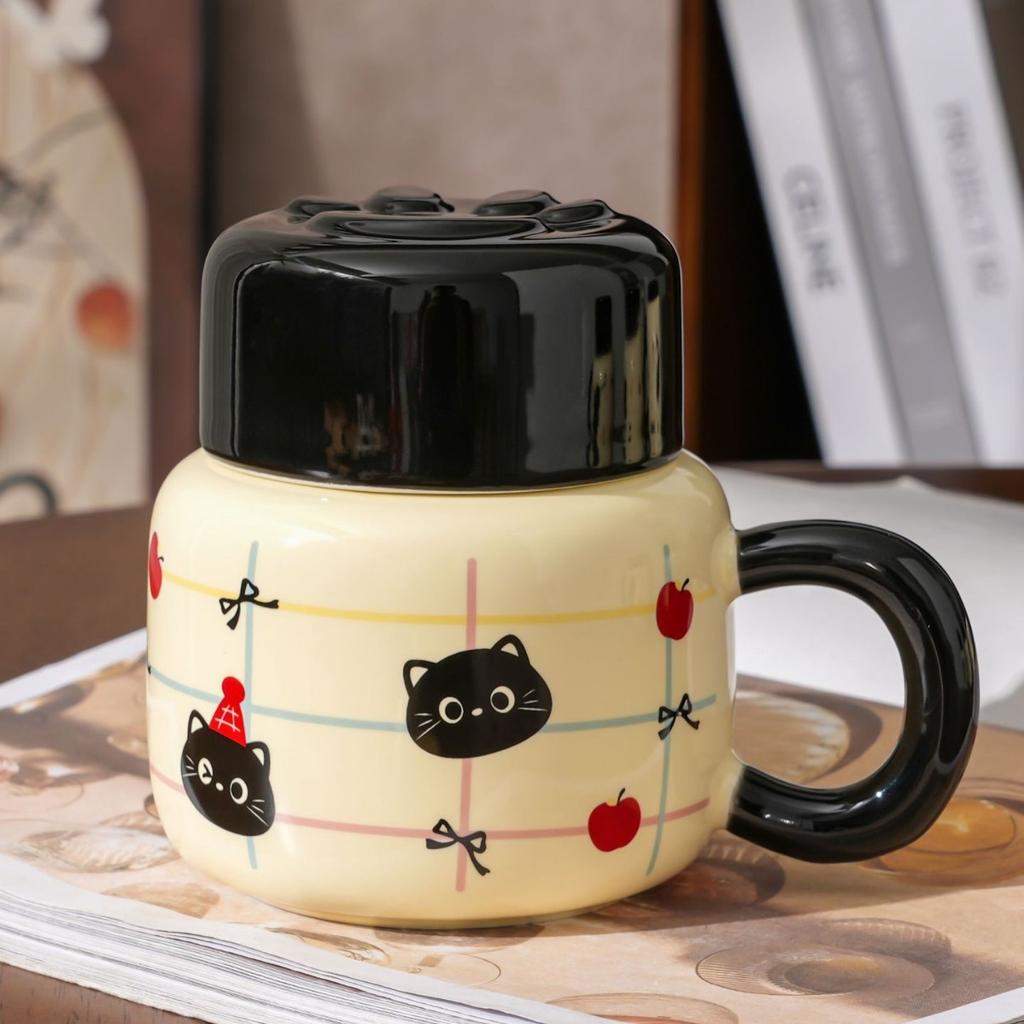 Cute Cartoon Kitten Creative Water Cup with Lid Ceramic Cup Household Set Niche Casual Cup Girls High Temperature Resistance Cup