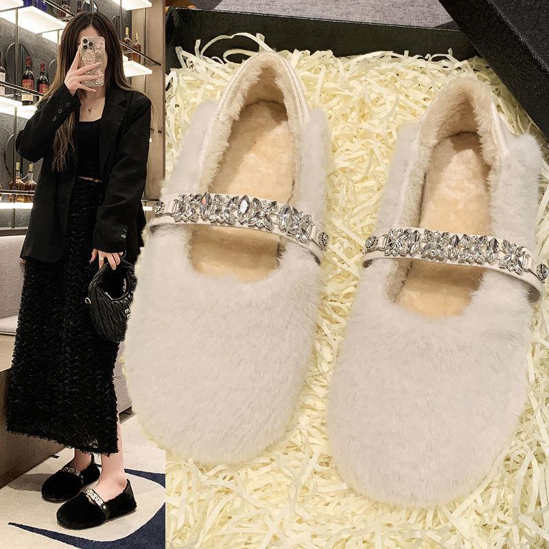 Internet celebrity flat Mary Jane Mao Mao single shoes women's shoes 2025 new autumn and winter wear warm velvet cotton shoes