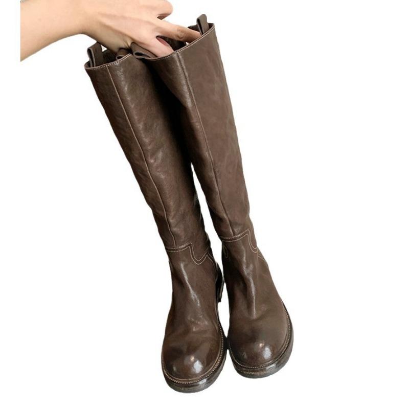 Govs ādas versija~ Retro ādas plānas aizmugures rāvējslēdzēja bruņinieku zābaki sieviešu plisēti augsti zābaki ar biezu papēdi, bet līdz ceļgaliem