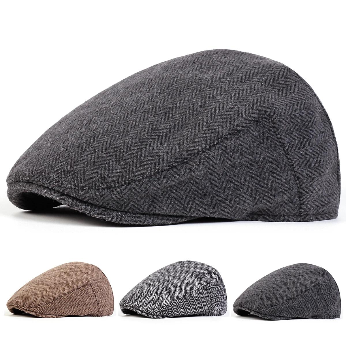 Freedom Outdoors Men's Brown Unisex Furry Herringbone Grid Newsboy Caps British Painters Hats Spring Winter Flat Peaked Cap Hip Hop Berets