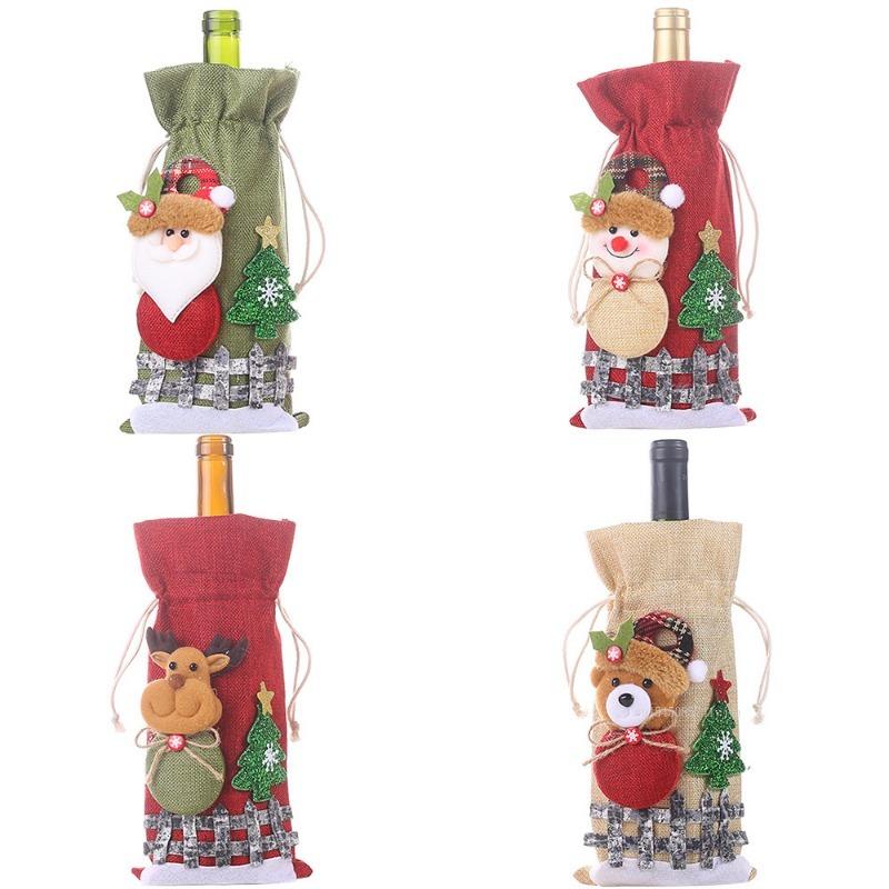 Christmas Wine Bottle Covers Linen Snow Cartoon Drawstring Wine Bottle Cover Xmas Party Home Desktop Decor New Year Gifts