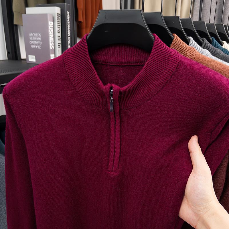 Men New Style Zip Knitted Shirt Solid Color Fashion High End Long Sleeve Base Layer Loose Casual Top