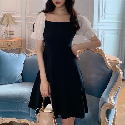 Summer Off-the-shoulder Square Neck Sexy Dress Women's Waist Slimming Puffy Sleeve Skirt