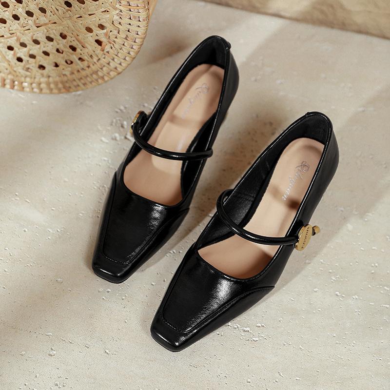 Square Head High Heels Thick Heels Are Not Tired Feet New Spring and Autumn Burgundy Light Mouth Single Shoes Splicing Word with Mary Jane Shoes