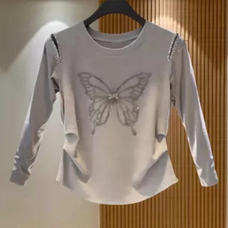 Manufacturer Rave Reviews Cotton Bottoming Shirt Autumn Butterfly Perm Diamond Beading Long-sleeved Top Women's Clothing