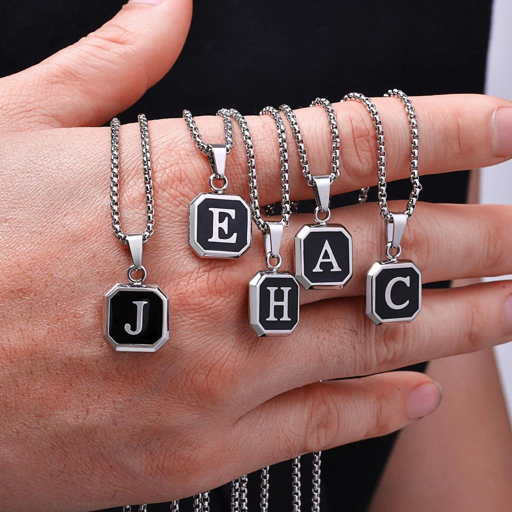 Initials Square Pendant Necklace for Men Women,50/55/60CM Waterproof Stainless Steel Necklace,Trendy Zircon Gift