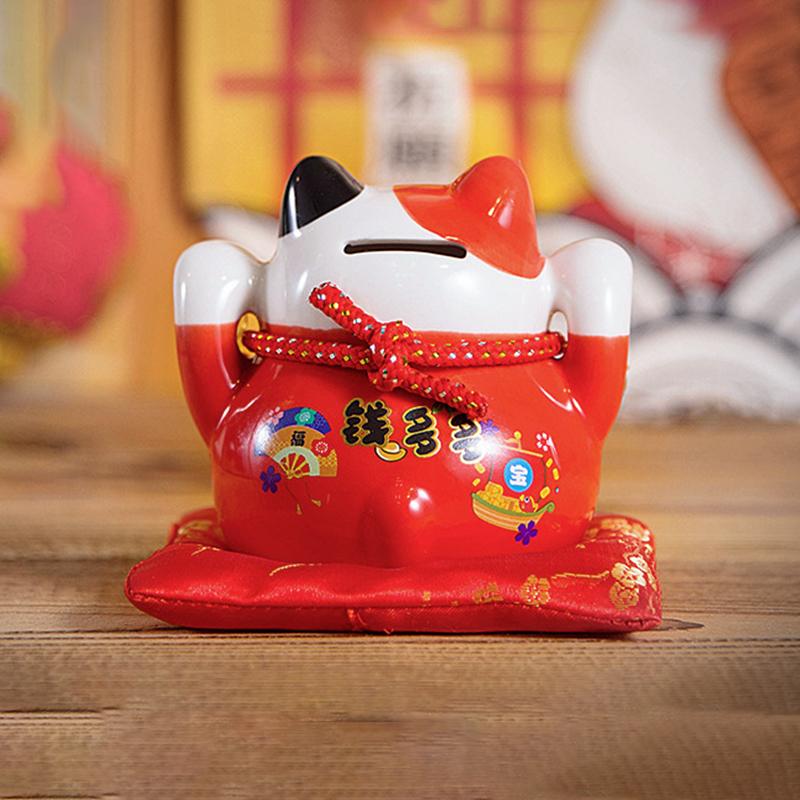 4.5 Inch Ceramic Maneki Neko Lucky Cat Money Box Fortune Colored Cat Golden Circle Home Decoration Gift Feng Shui Figure