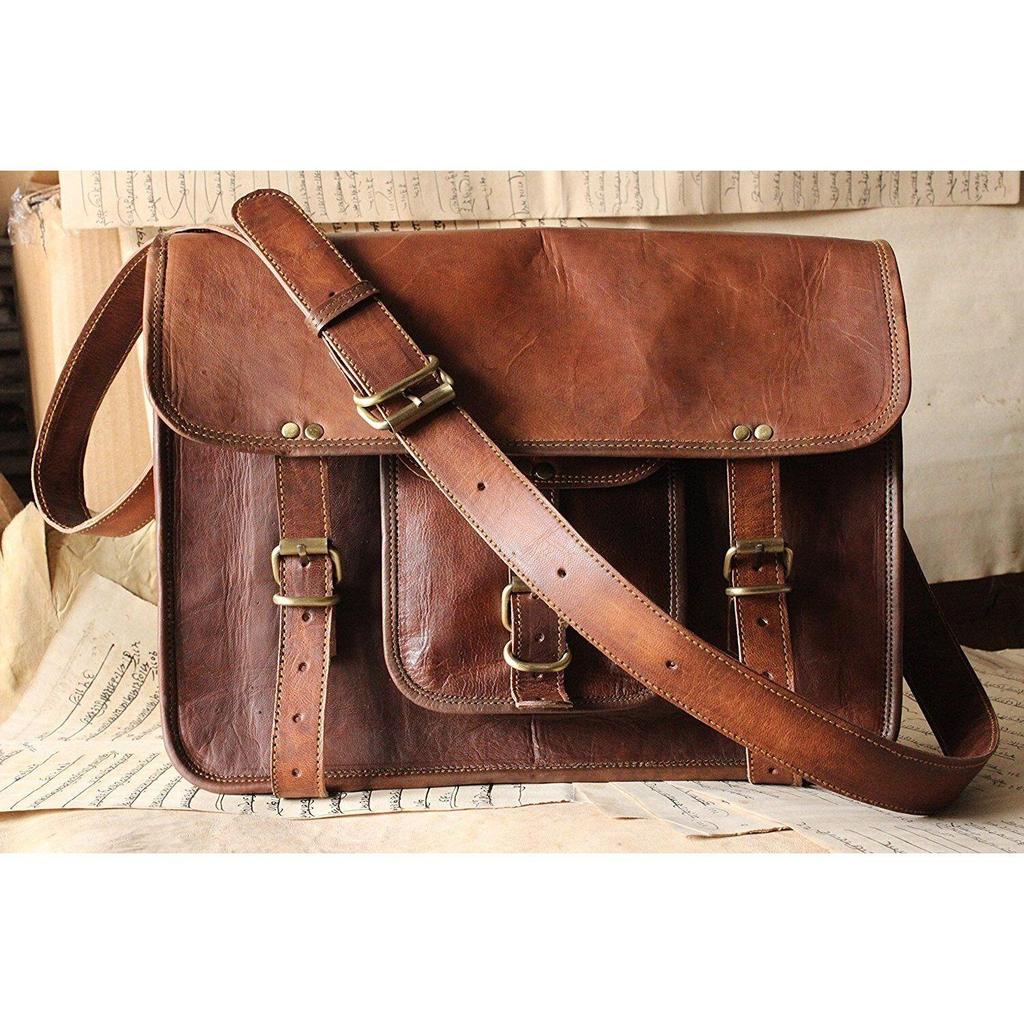 Large Brown Vintage Genuine Leather Messenger Men Briefcase Laptop Shoulder Bag