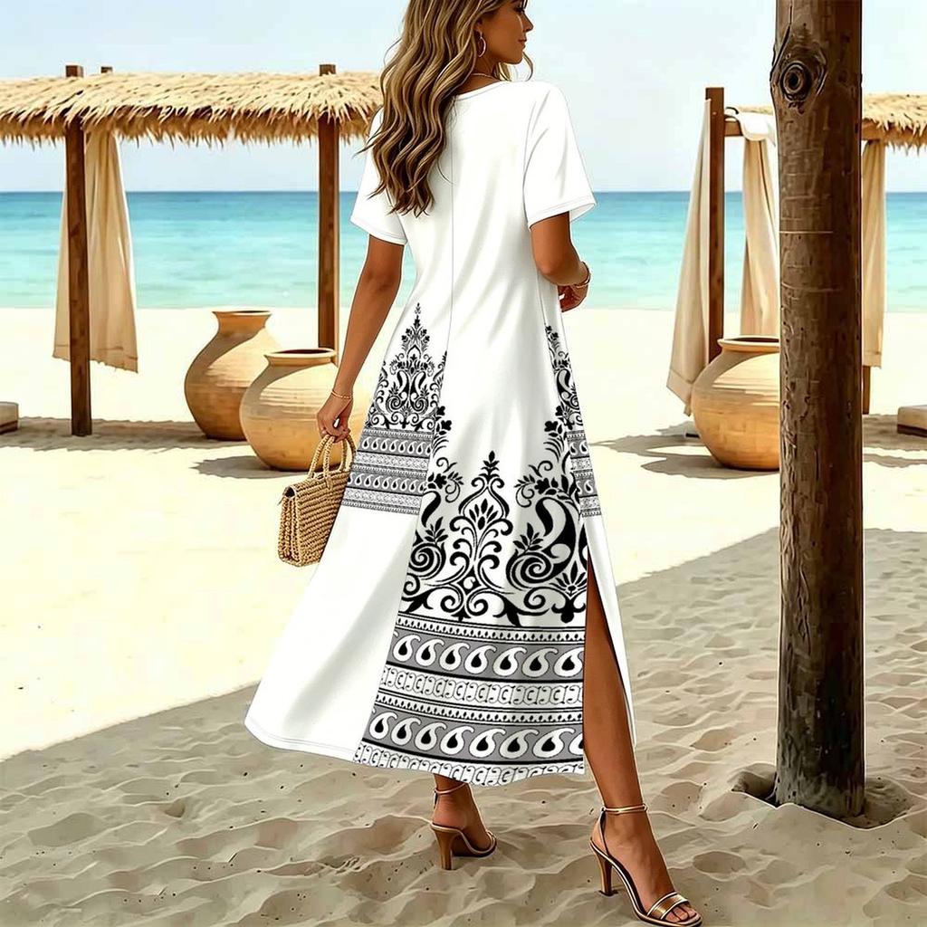 Women Fashion Round Neck Cashew Nut Clan Style Printed Short Sleeve Side Slit Dress Casual Vacation Dress Long Loose Dress