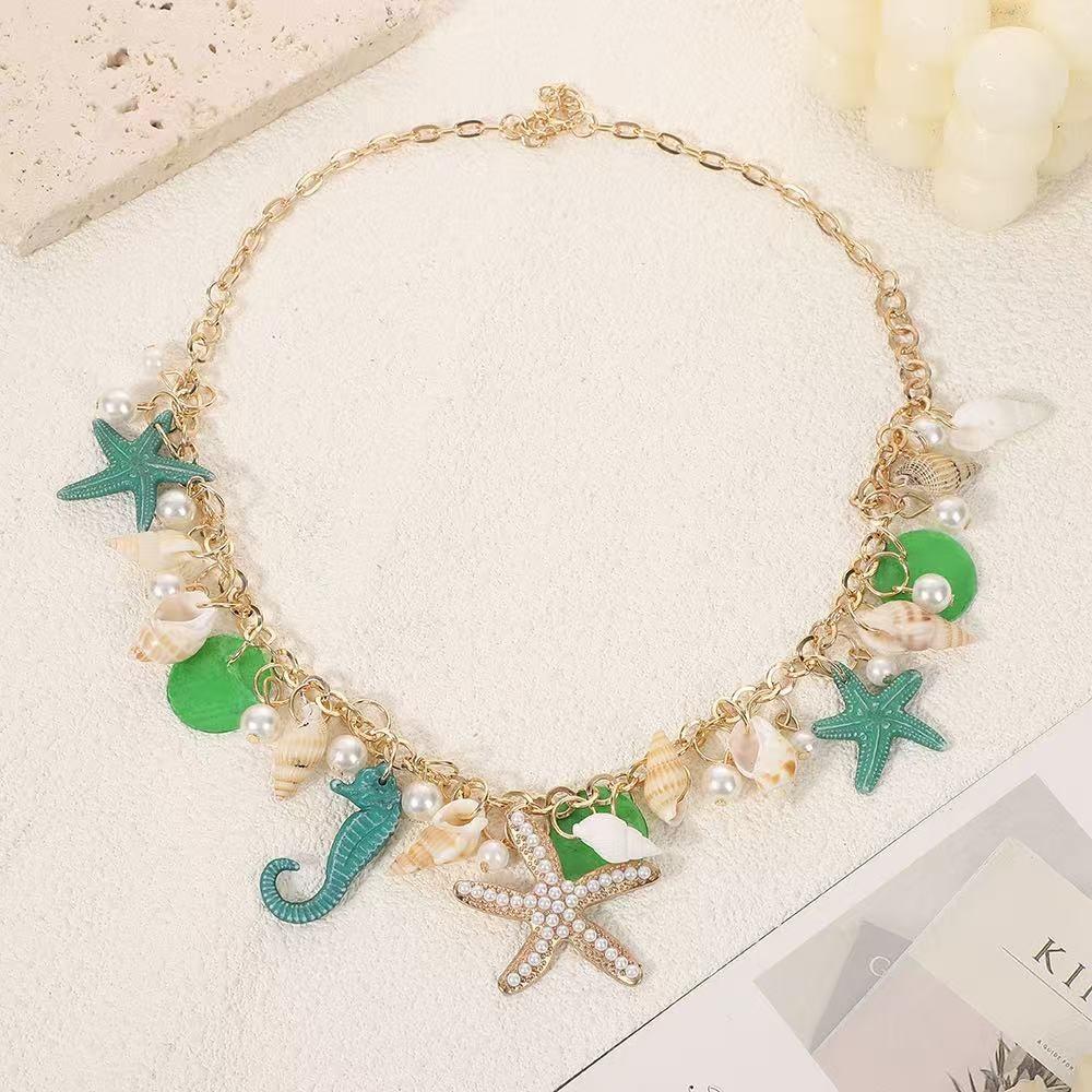 Gold Color Chain Ocean Theme Necklace Shell Women Necklace Seahorse Starfish Pendant Gift Party