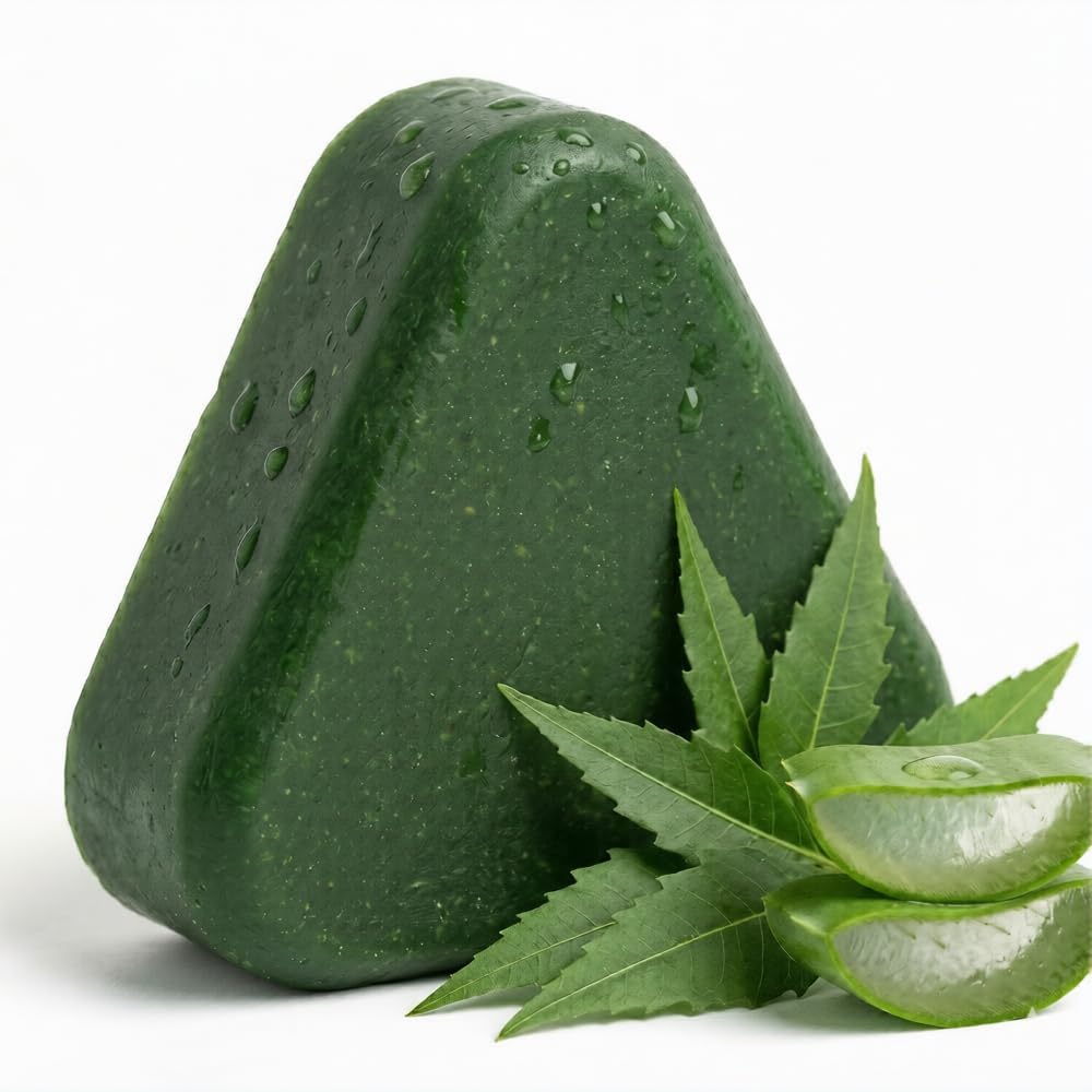 

Glomix Nature Herbal Seven Green Triangle Shampoo Bar Soap with multyfunction, Oil Control, Dandruff Removal, Smoothening, Platycladus Usman Grass