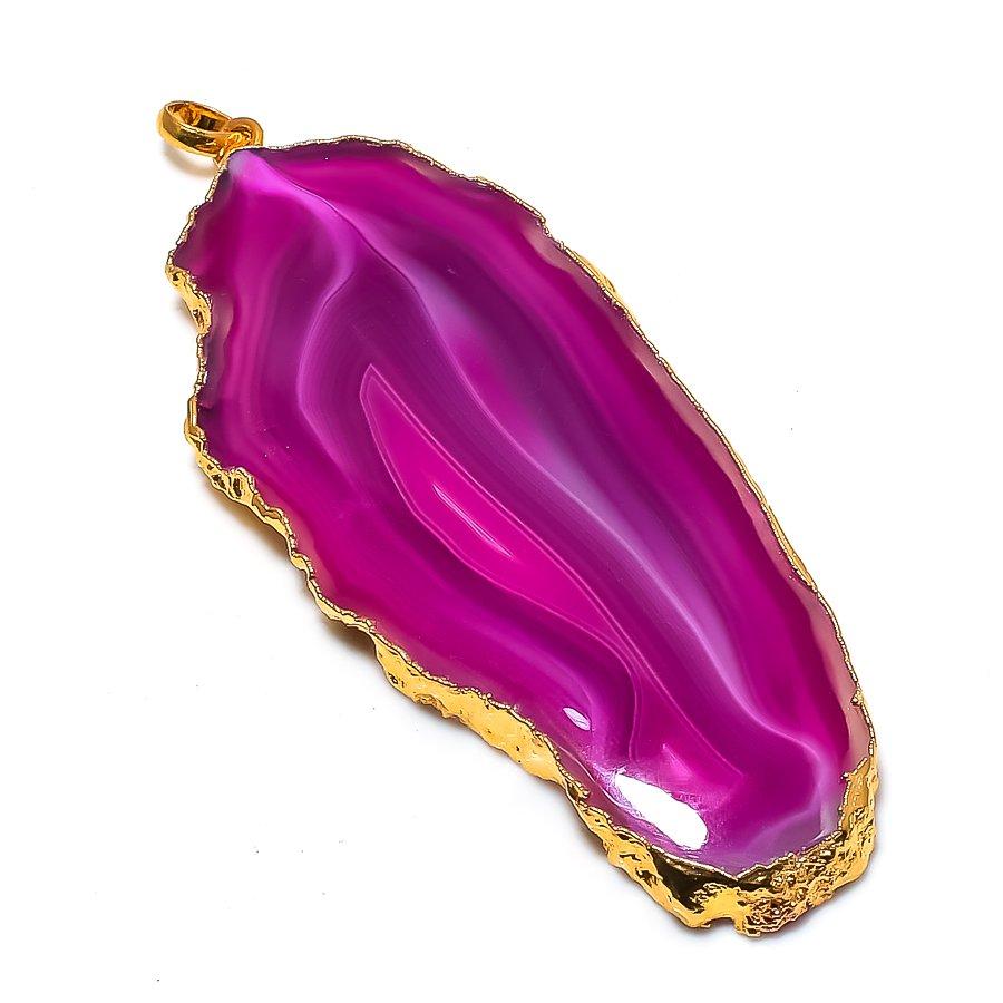 Pink Druzy Slice Gemstone 925 Sterling Silver Jewelry Pendant 3.27" GK-6296