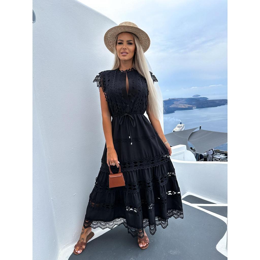 Weißes Spitzen-Spleiß-Ausschnitt-Langes Kleid Damen Sommer Stickerei Maxi Sommerkleid Vintage Ärmellos Hohe Taille Hemd Robe Femme