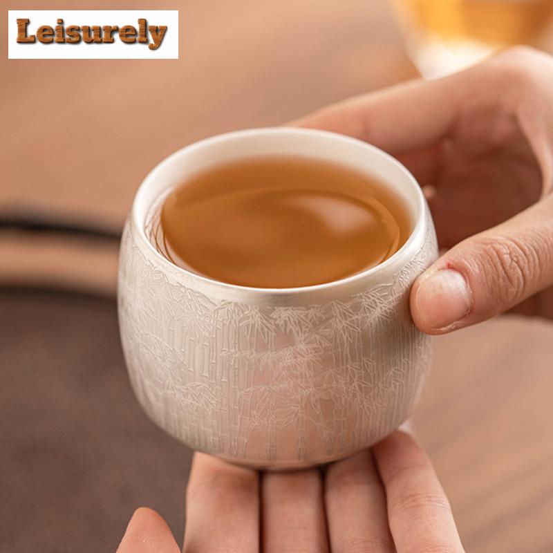 High End 999 Gilded Silver Ceramic TEACUP Green Bamboo Pattern Master Cup Personal Tea Bowl Special Chazhan Teaware Drinking
