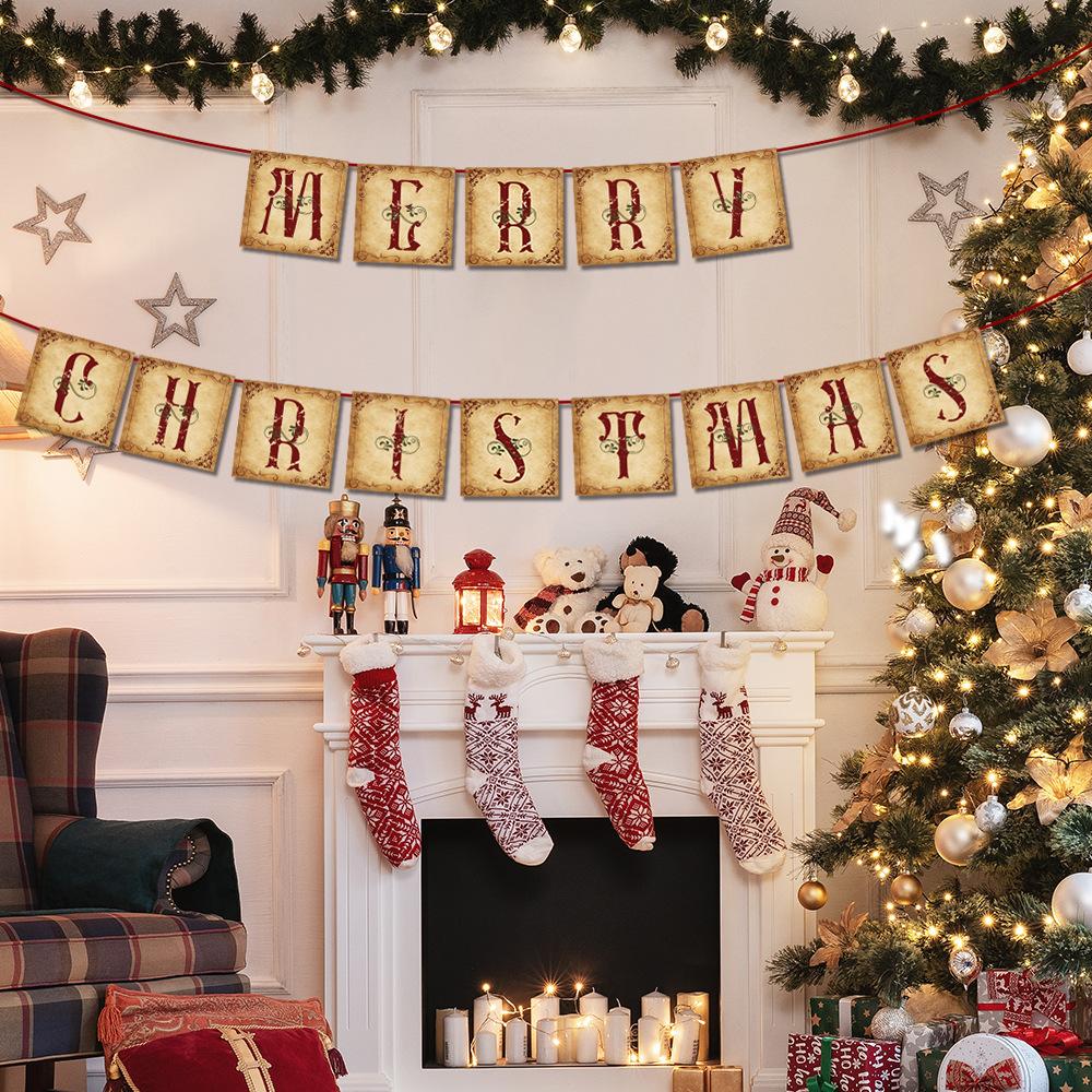 Christmas Decorations - Vintage Merry Christmas Banner - Retro Nostalgic Traditional Old Fashioned Victorian Xmas Holiday Decor