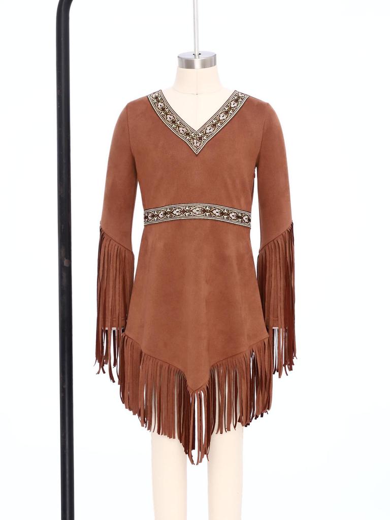 Abiti Nativi Americani Completi per Bambine: Costume con Scollo a V e Lunghe Frange, Bordi con Nappe e Zip Nascosta per Feste a Tema