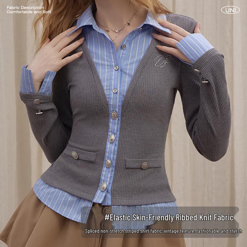UNIFREE 2025 Autumn Preppy Faux Two-Piece Striped Slim Knit Cardigan