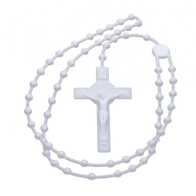 Fashion Rosary Beads Cross Pendant Necklace Women Link Chain Plastic Material Necklace Girl Religious Jewelry Party Gift