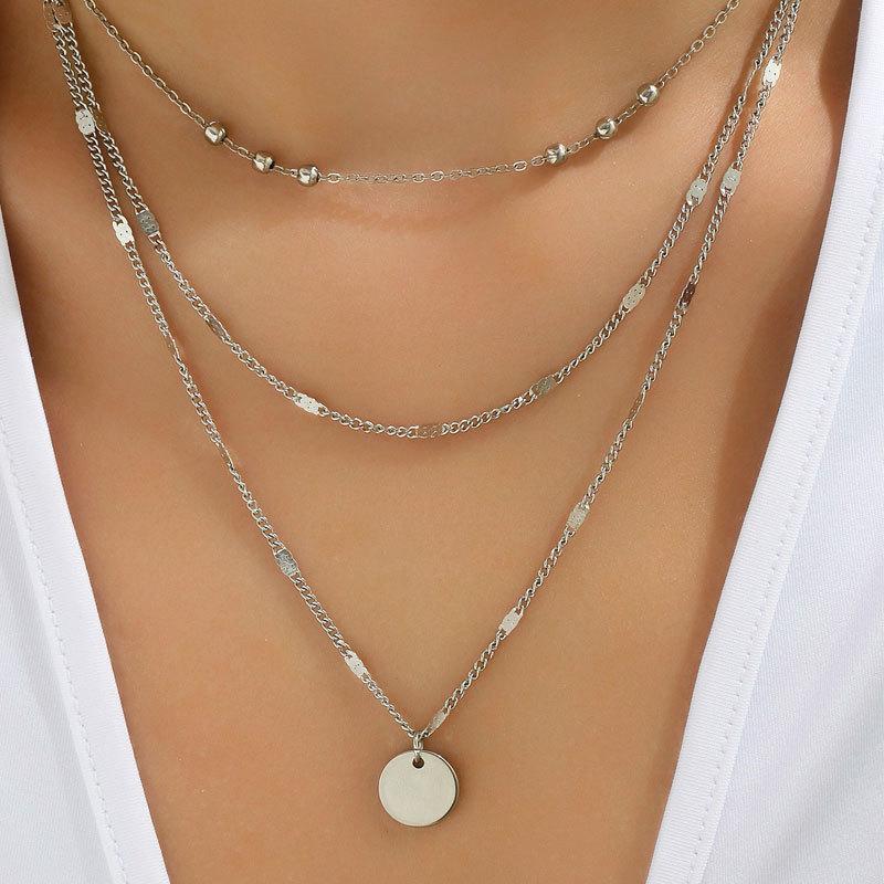 Triple Layer Gold Necklace Beaded Chain Hollow Disc Pendant Minimalist Stackable Necklace for Women