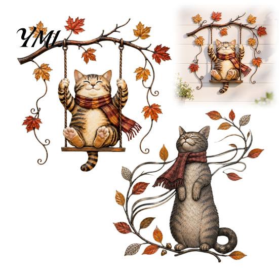 Autumn Theme Door Decorations Cat Metal Wall Decor, Fall Tin Sign Plaque, Swing Decorative Crafts for Home Art Decoration Thanksgiving Harvest