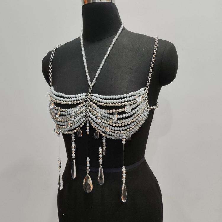 Crystal Beaded Tassels Layered Necklace Halter Neck Chest Chain Shimmering Body Jewelry Camisole Bralette For Women