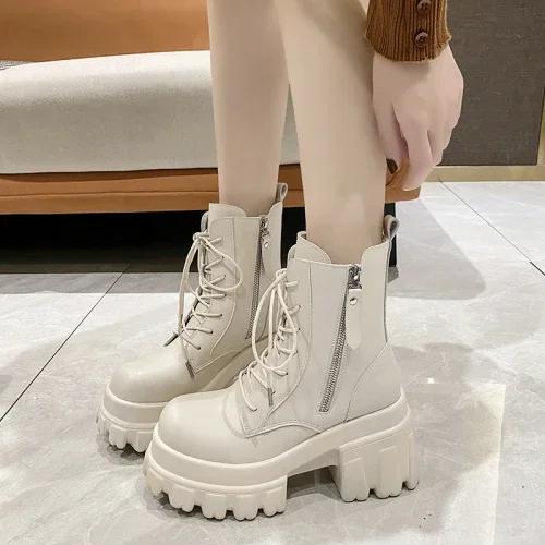 

Chunky Platform Ankle Boots Women New Autumn Winter Motorcycle Boots Woman Thick Bottom Non Slip Leather Combat Boots 9CM 34