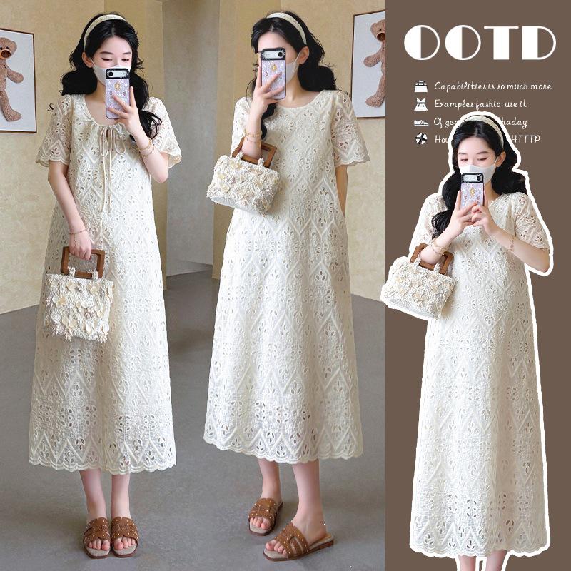 2026 Summer Korean Style Plus Size Heavy Embroidery Lace Maternity Dress XL