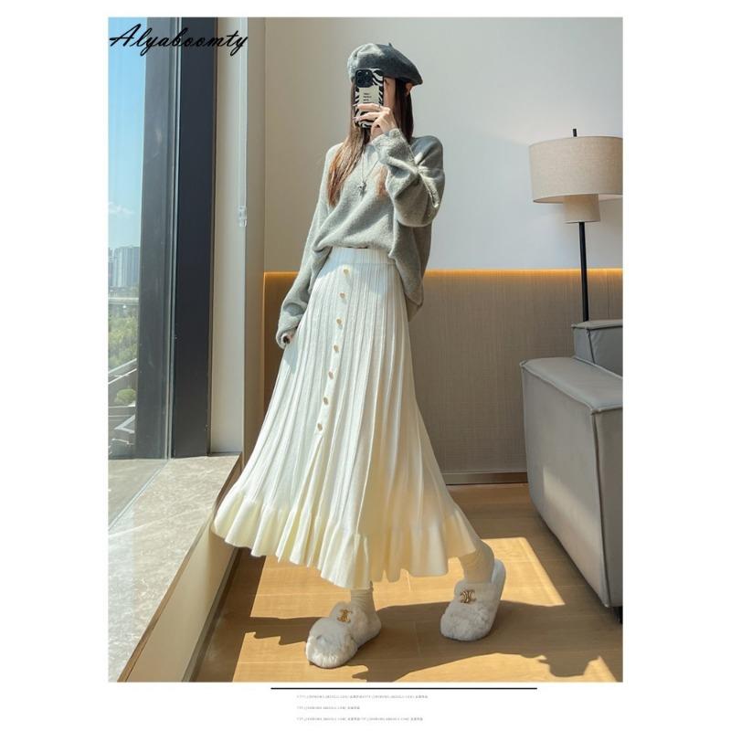 French Style Autumn Winter Women Knitting Skirt High Waist Beige Black Knitted Ruffles Skirt Elegant Feminine Split Ladies' Skirts Womens