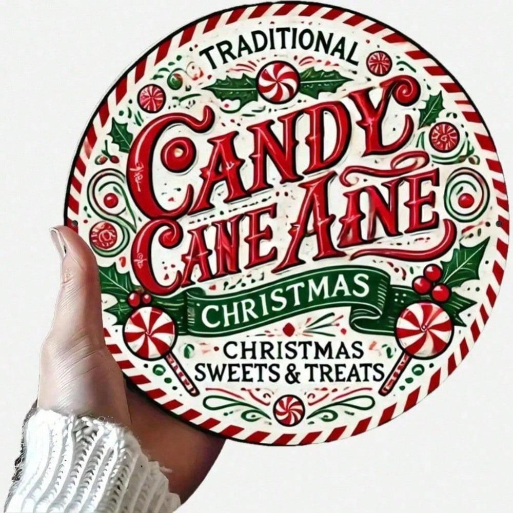 Christmas Tin Sign 8x8 Inch Round Gingerbread House Holiday Wreath Wall Art Home Bar Decoration
