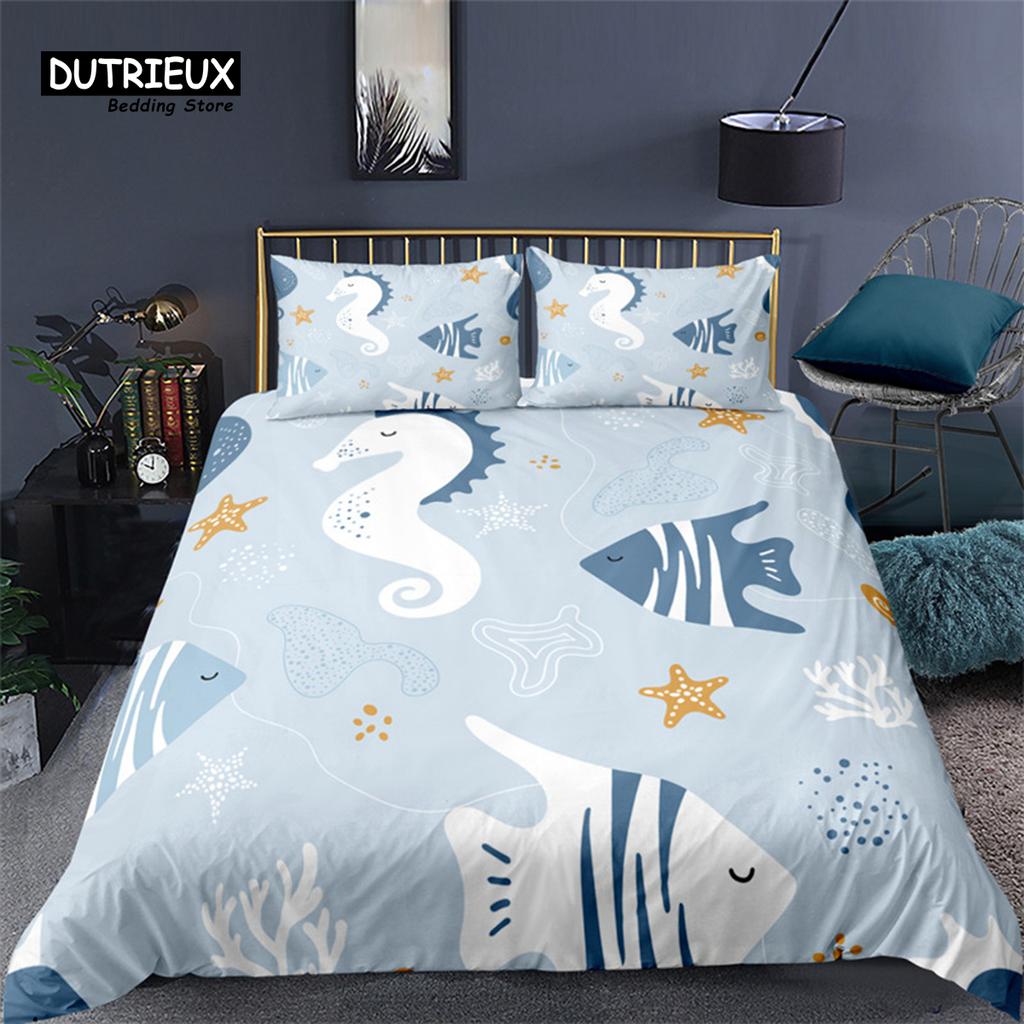Cartoon Fish Dolphin Turtle Ocean Toddler Bedding Set For Kids Marine Themed Duvet Cover Microfiber Sea Creatures Quilt Cover
