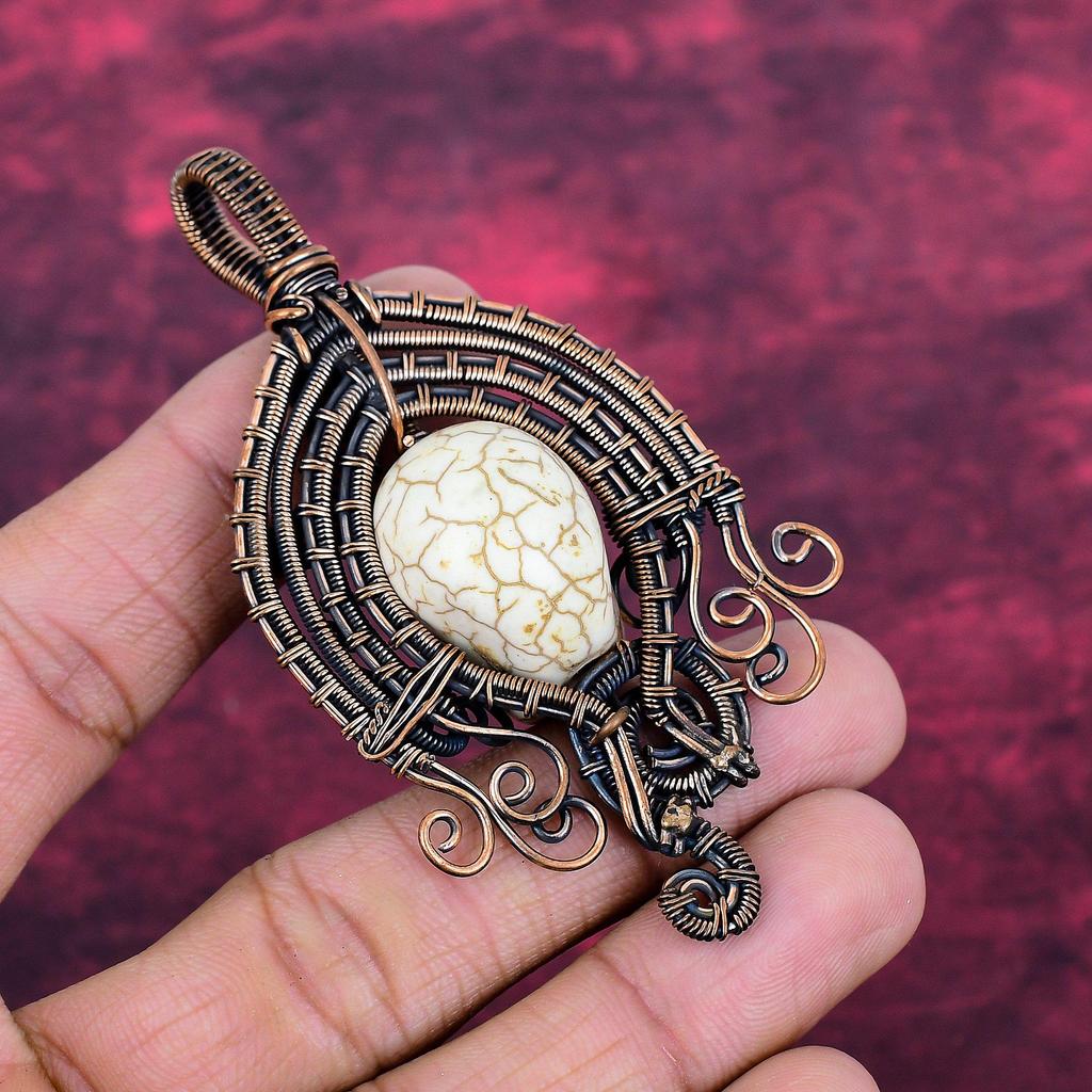 Howlite Copper Wire Wrapped Pendant Titanium Bead Eyes Jewelry Skull Bone Face Pendant