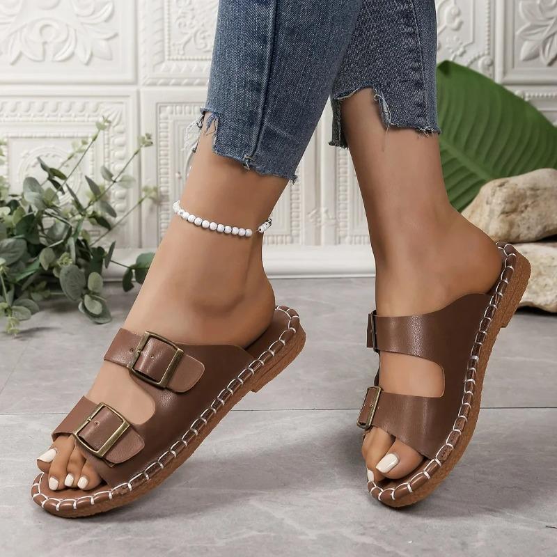 Large Size Women's Sandals Summer New Flat Bottom Round Head Beach Slippers Double Buckle Slip-On Shoes Polyurethane Material