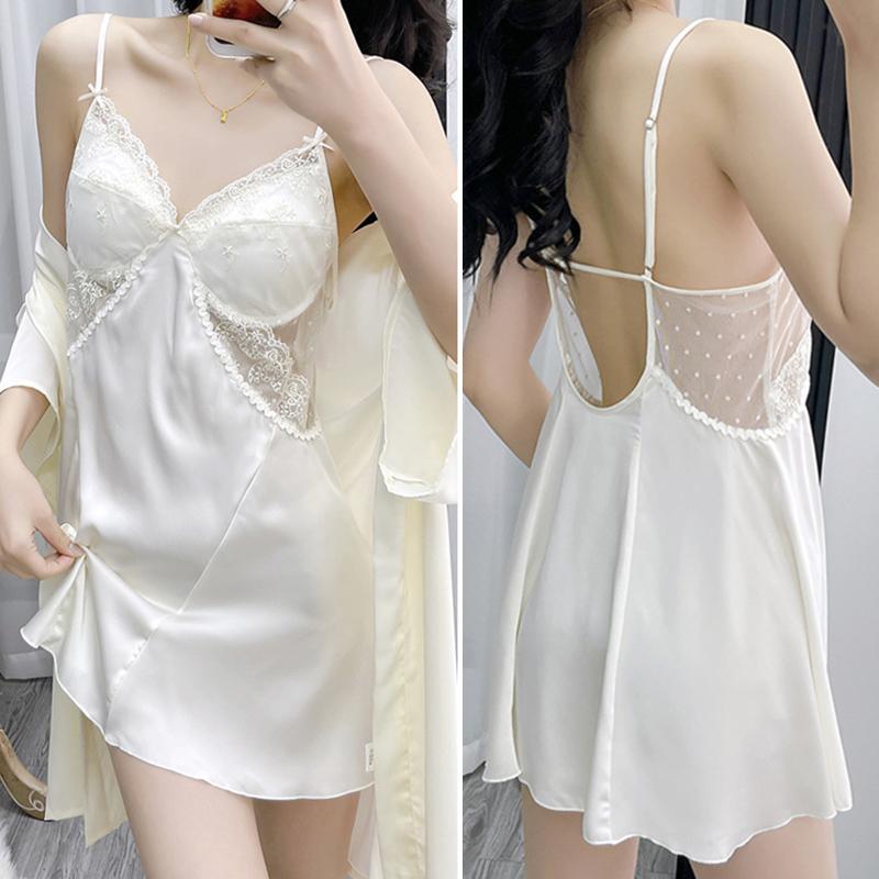 Damen 2-teiliges Bademantel-Set Stickerei Blume Nachthemd Dessous Sexy Spitze Rückenfrei Nachtkleid Nachtwäsche Locker Satin Bademantel Hauskleid