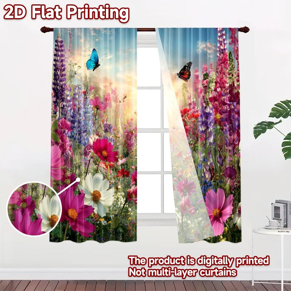 2D Flat Printing 2pcs Scene Curtains Butterflies Wildflowers Field Scenery Digital Printed Polyester Drapes Holiday Decorations