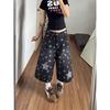 Vintage Full of Star Stickers Embroidered Seven-point Jeans Men's Summer New Wide-leg Shorts Black