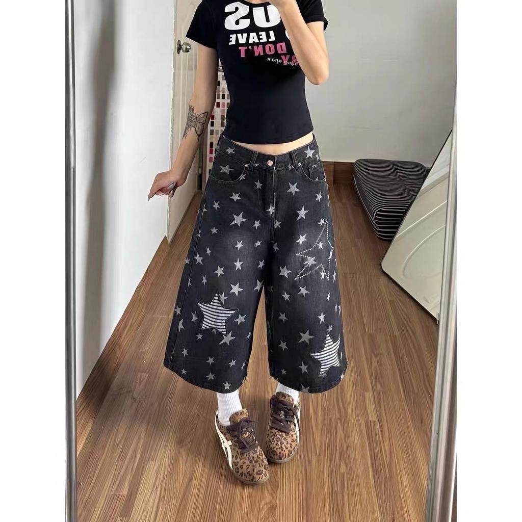 Vintage Full of Star Stickers Embroidered Seven-point Jeans Men's Summer New Wide-leg Shorts Black
