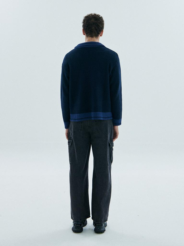Black Moment Mix Cable Line Knit Collar Cardigan