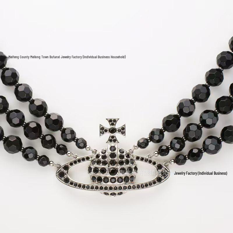 Empress Dowager Saturn Necklace: Punk Black Agate & Diamond Layered Choker for Women
