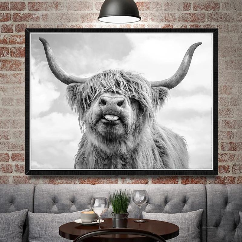 Black and White Highland Cow Cattle Canvas Painting Nordic Posters and Prints Wall Art Pictures for Living Room Home Decoration No Frame