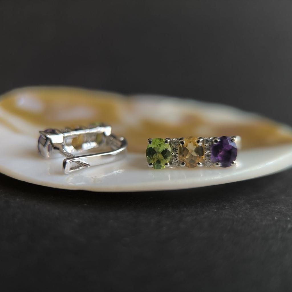 Серебряные серьги с натуральным аметистом 2.352ct, цитрином, хризолітом (2193203)